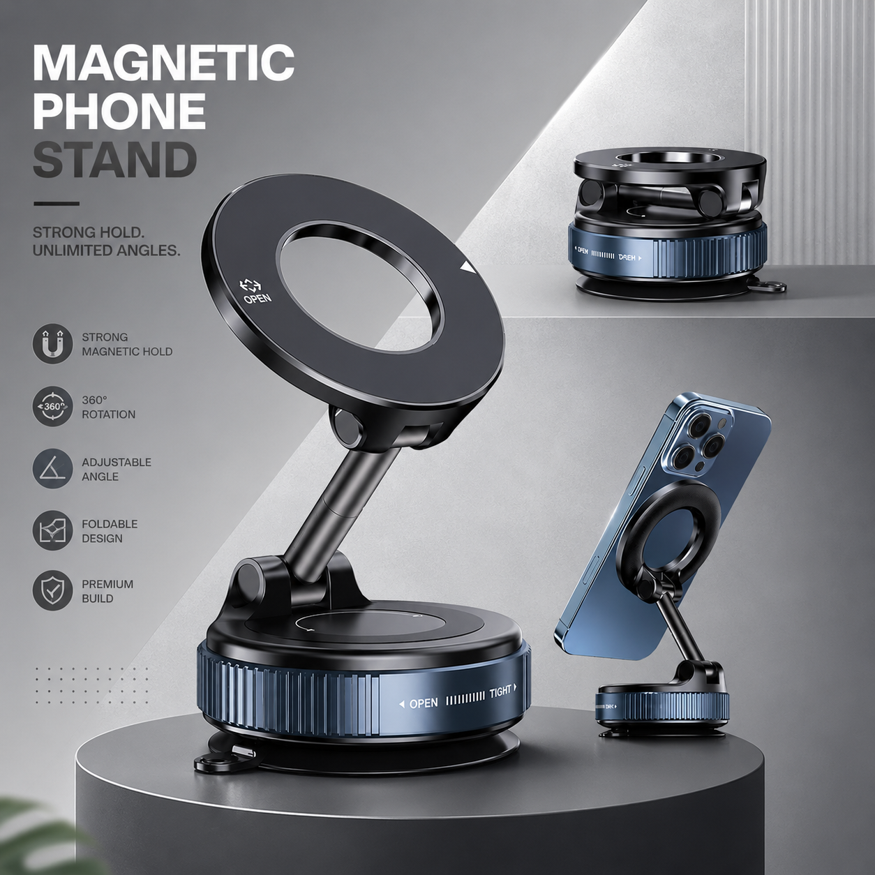 Car Dashboard Phone Holder 360° Vacuum Magnetic Phone Stand