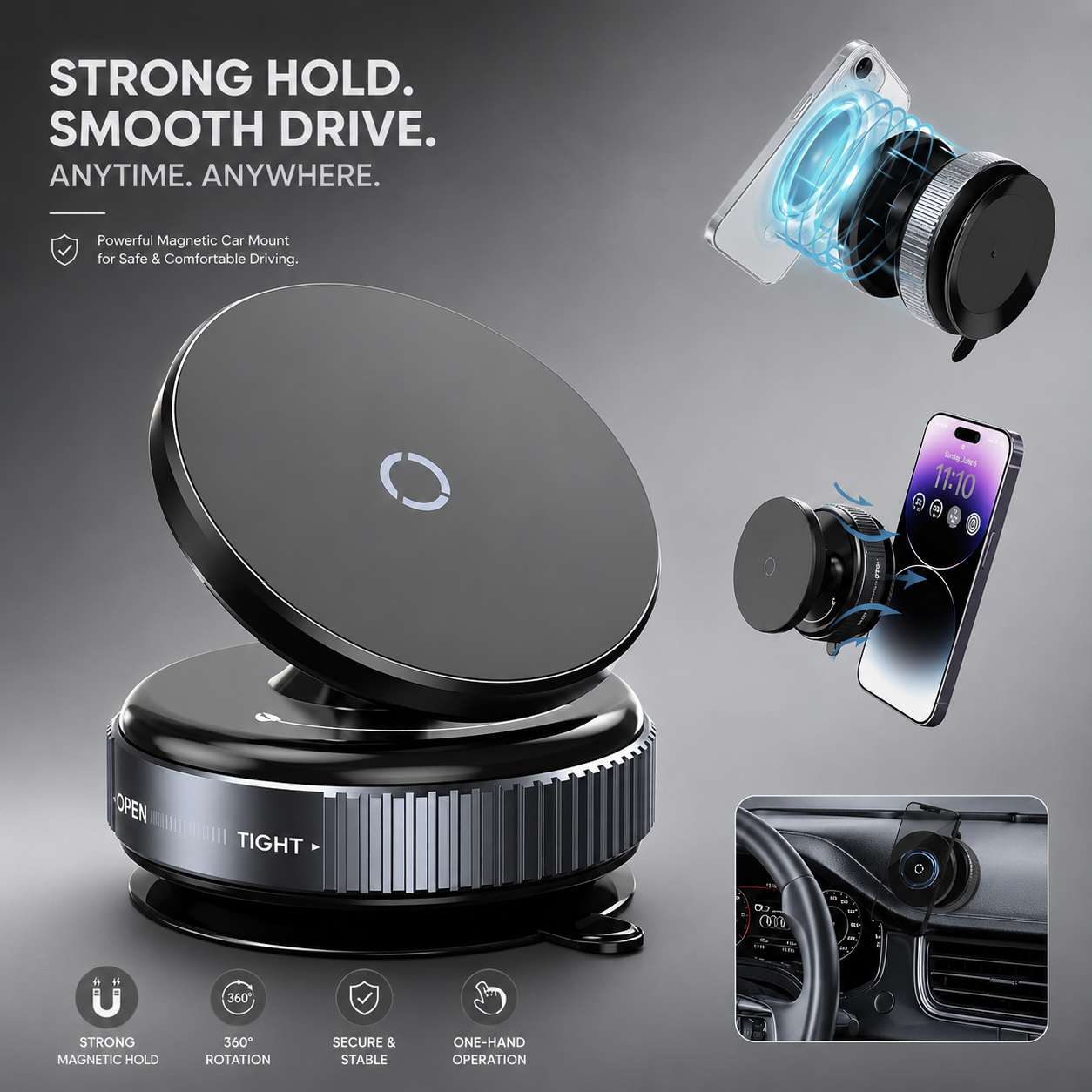 Car Dashboard Phone Holder 360° Vacuum Magnetic Phone Stand